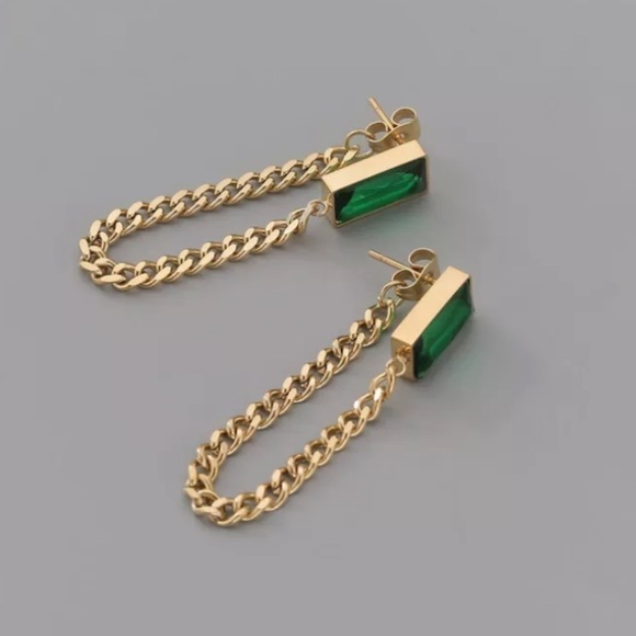 NEW 18K Gold Plated Green Crystal Chain Earrings - Picture 9 of 14